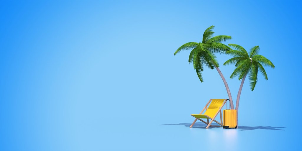 banner with deck chair, suitcase and palm trees on blue background